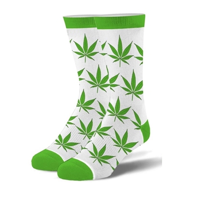 Weed Leaves - Green & White Crew Socks - Mens