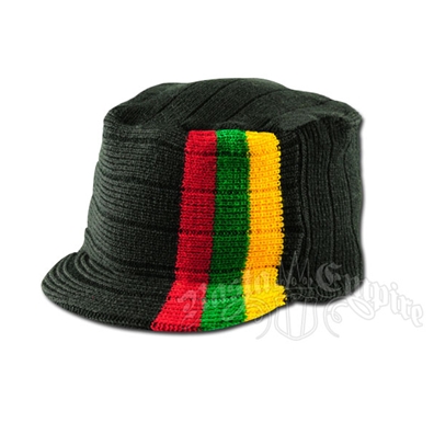 Knit Flat Top Cap with Rasta Stripe - Black