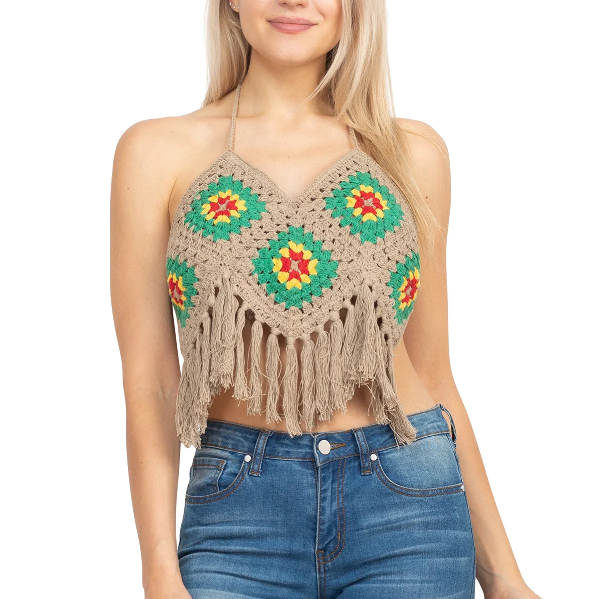 Rasta Fringe Crochet Top Tan - Women's