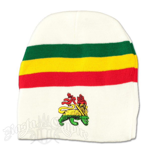 Lion of Judah with Rasta Stripes on White Beanie Cap @ RastaEmpire.com